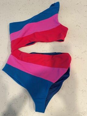 Beach Riot Ribbed One-Shoulder one piece in Blue, Pink & Red